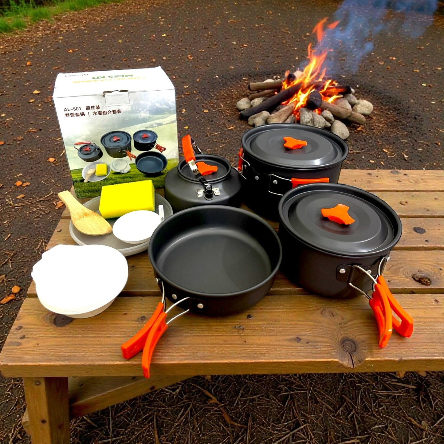 12-Piece Aluminum Camping Cookware Mess Kit with Kettle – Lightweight Outdoor Cooking Set for Hiking, Camping & Backpacking