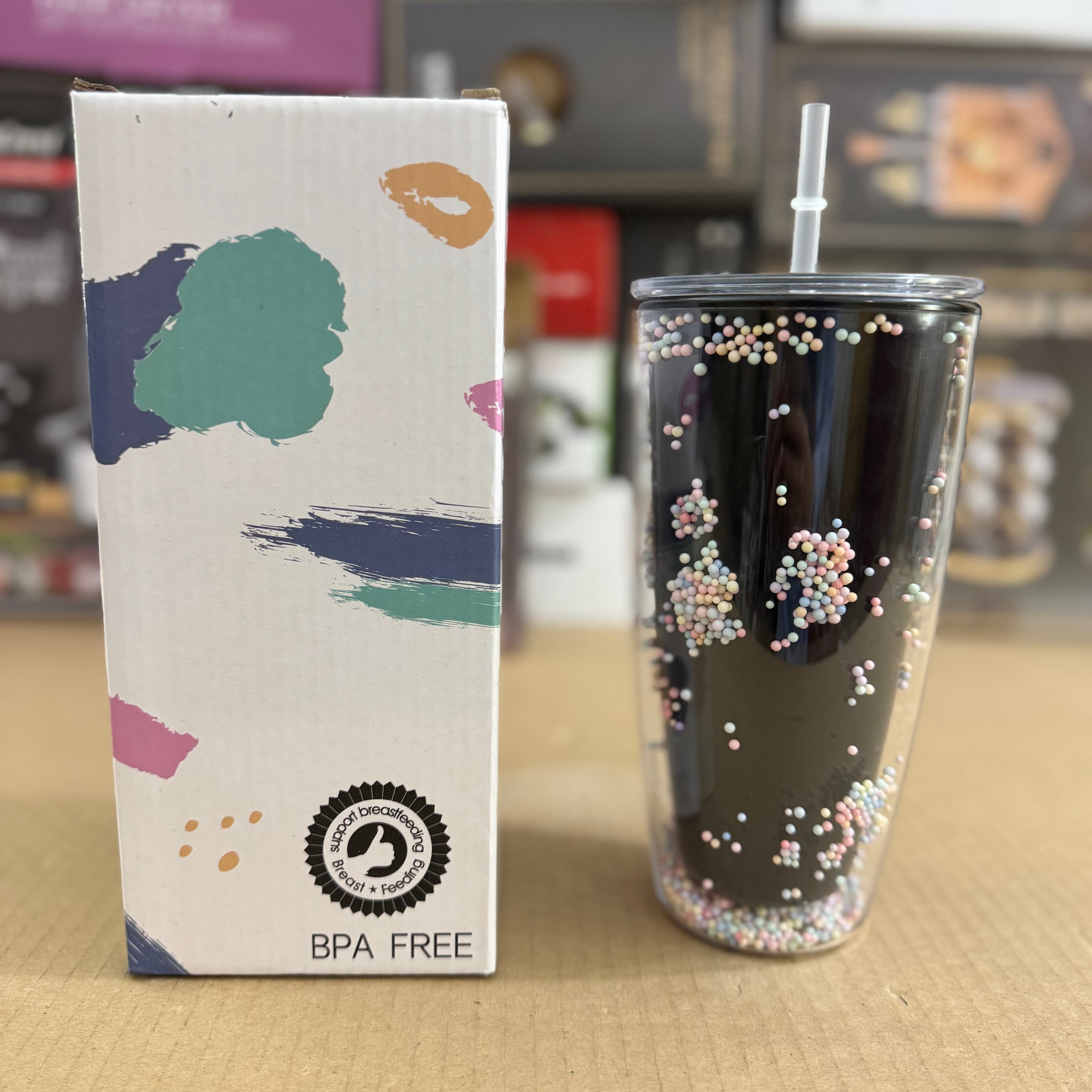 Lot Imported Pearl Foam Double-Layer 650ml Tumbler with Straw - Black