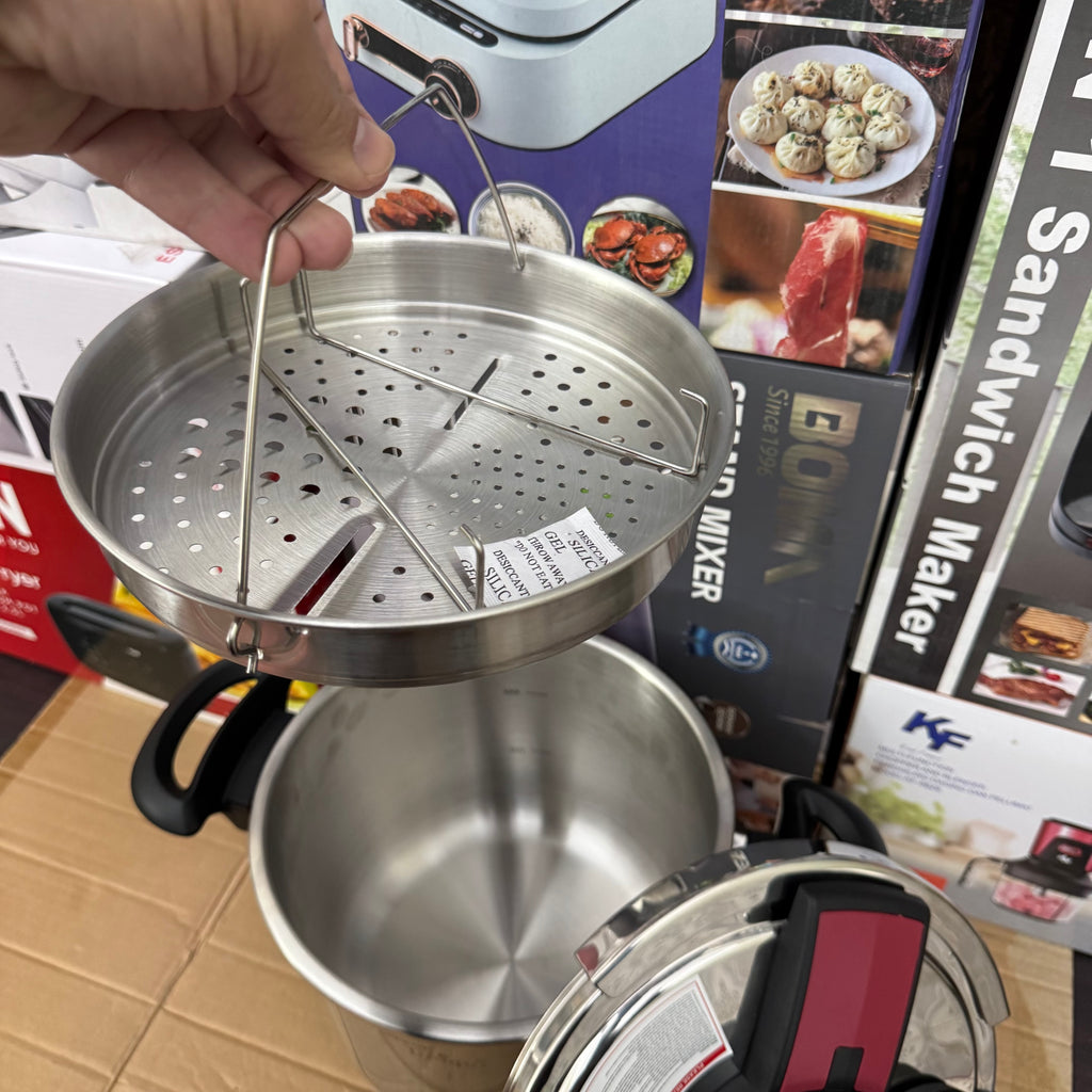 Uniqui 18/10 Stainless Steel Pressure Cooker Set - 8-Piece Multi-Size (5L + 7L) Induction Compatible Cookware with Steamer Basket and Glass Lid