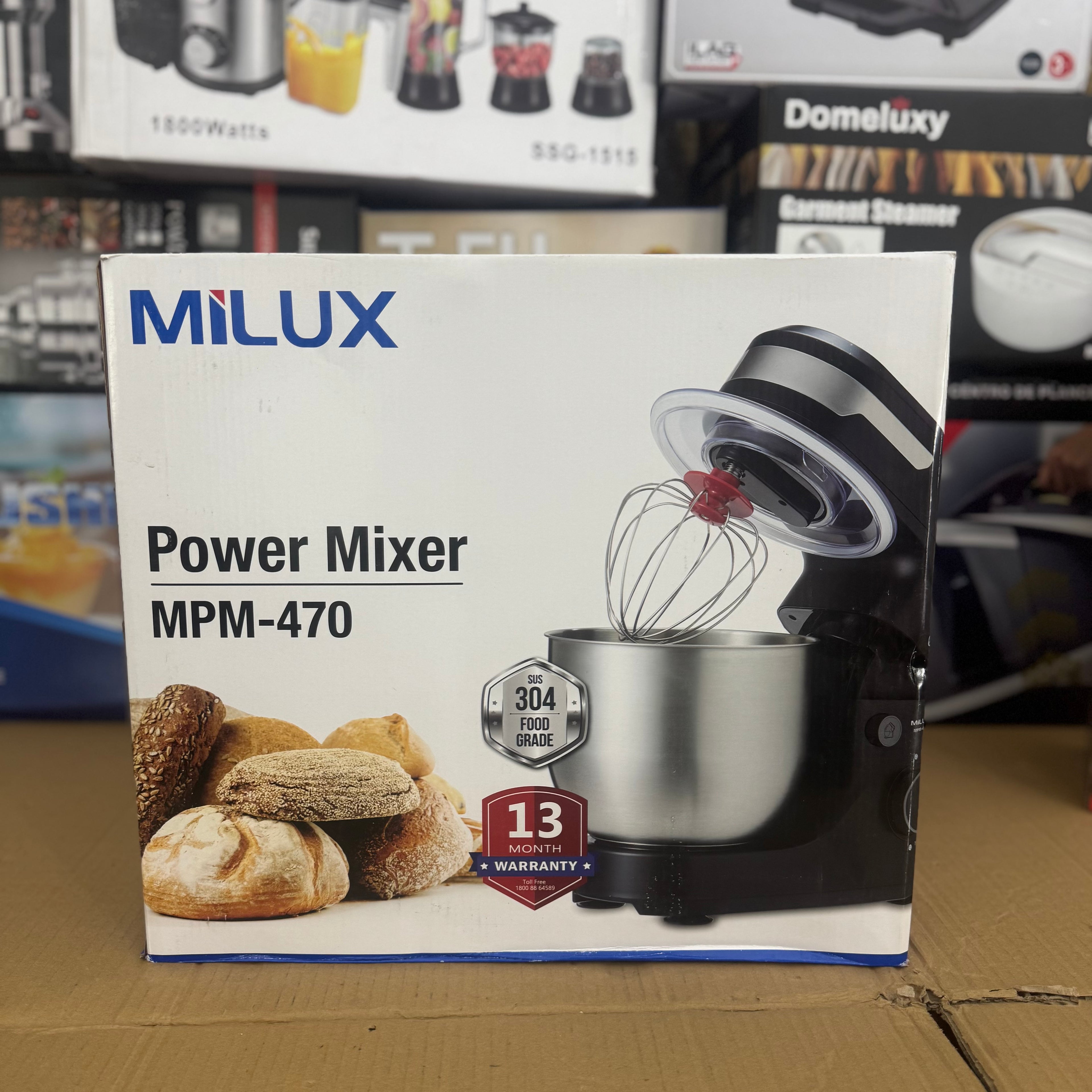 Milux 550W Power Mixer MPM-470 – 4.7L Stainless Steel Stand Mixer with 12-Speed Control & 3 Attachments