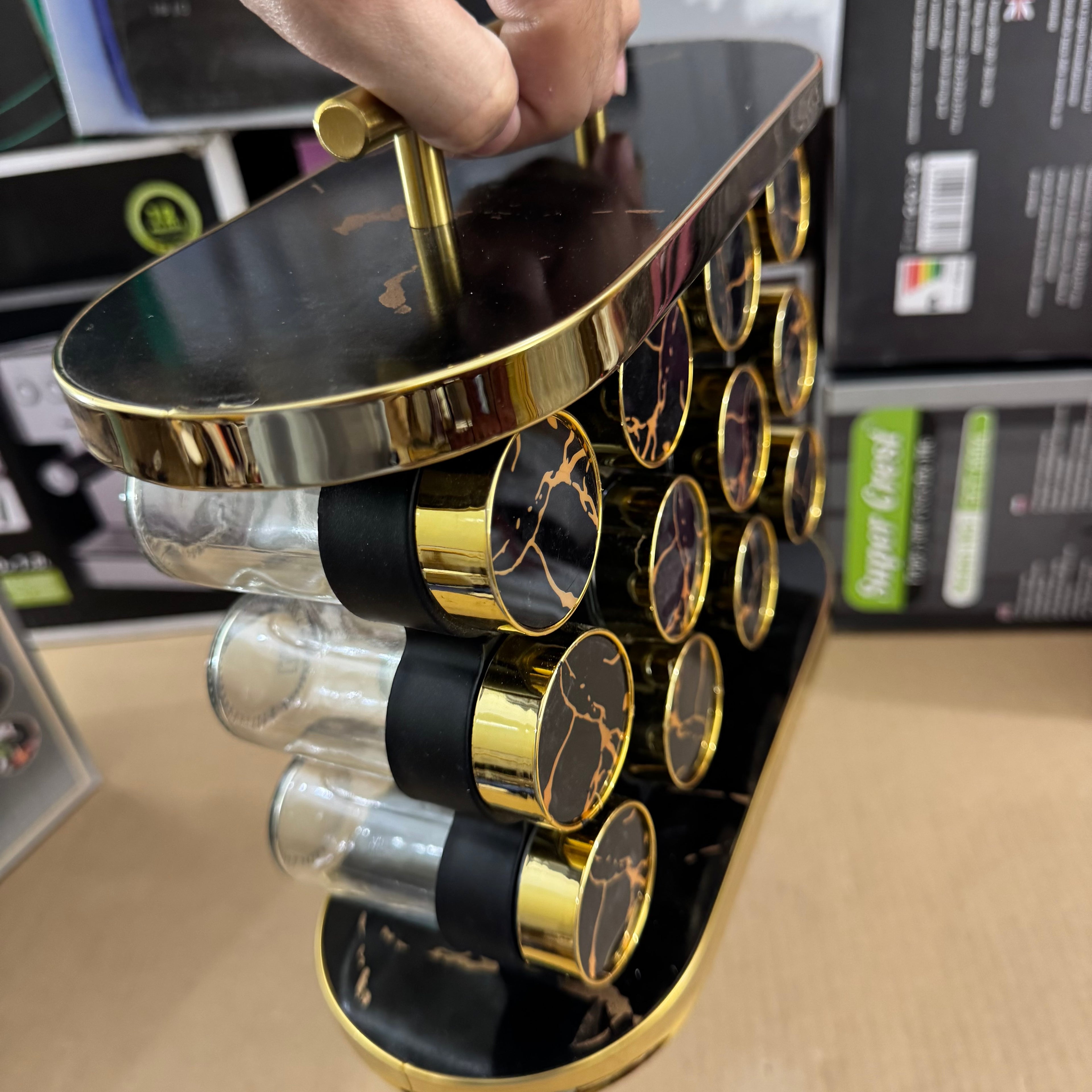 12 Pcs Luxury Marble Gold Rotating Spice Rack Organizer with Handle