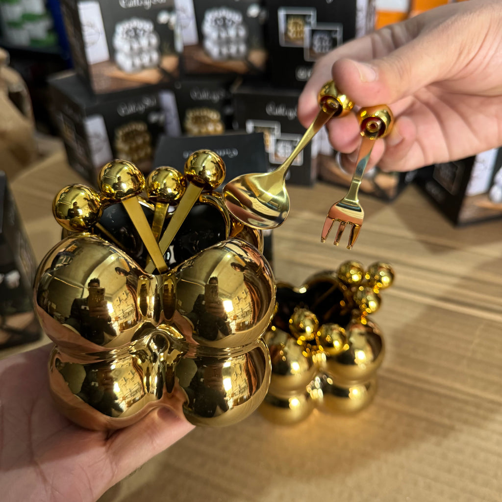 Luxury Gold Ball Cutlery Set - 7-Piece Dessert Fork & Spoon Kit