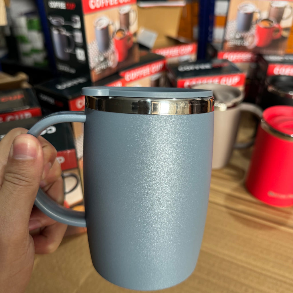 Slate Blue Insulated Stainless Steel Coffee Mug with Lid – 14oz Matte Thermal Cup in Crimson, Onyx, Slate, & Taupe