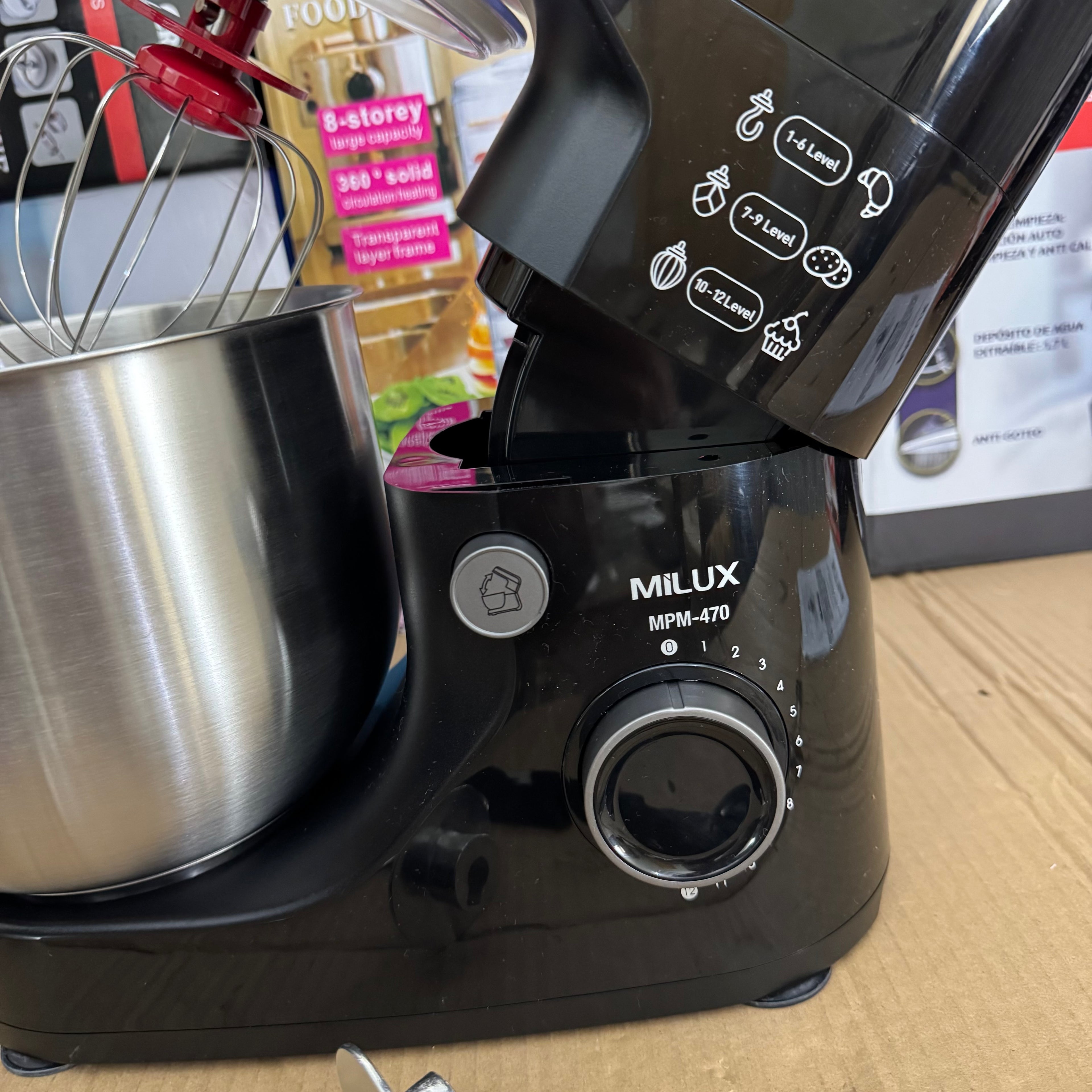 Milux 550W Power Mixer MPM-470 – 4.7L Stainless Steel Stand Mixer with 12-Speed Control & 3 Attachments