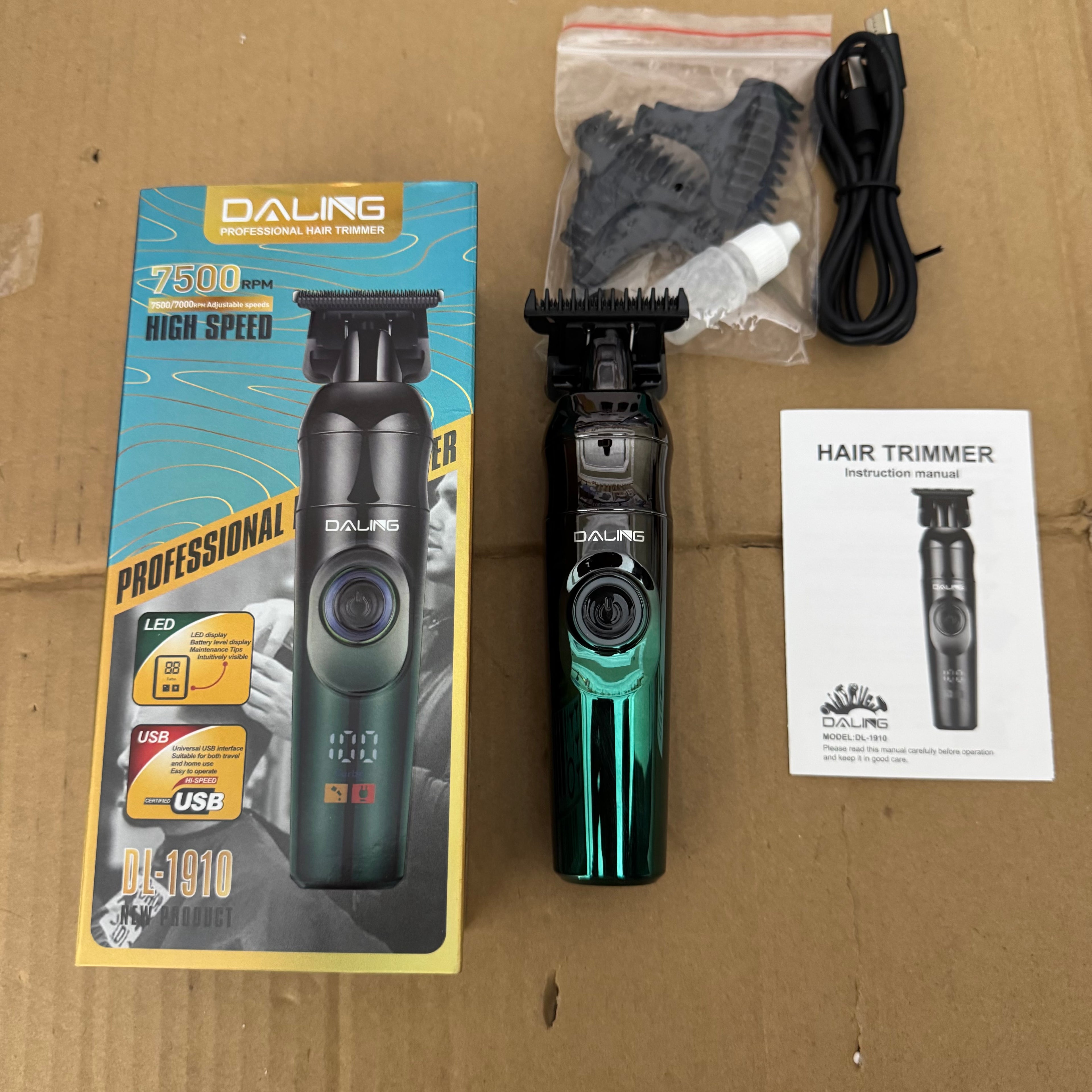 Daling DL-1910 Professional Hair Trimmer 7500RPM – USB Rechargeable Cordless Beard & Hair Clipper with LED Display