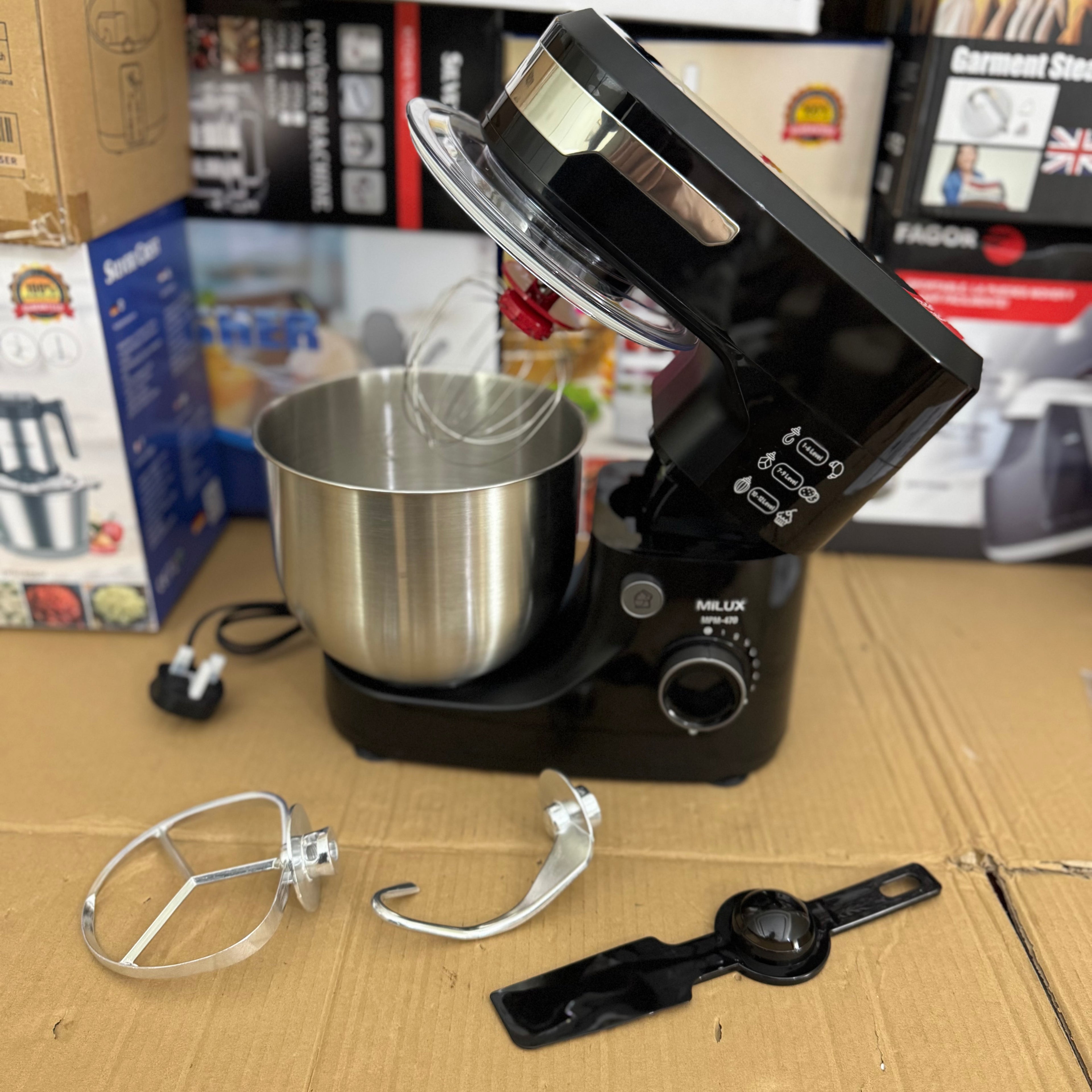 Milux 550W Power Mixer MPM-470 – 4.7L Stainless Steel Stand Mixer with 12-Speed Control & 3 Attachments