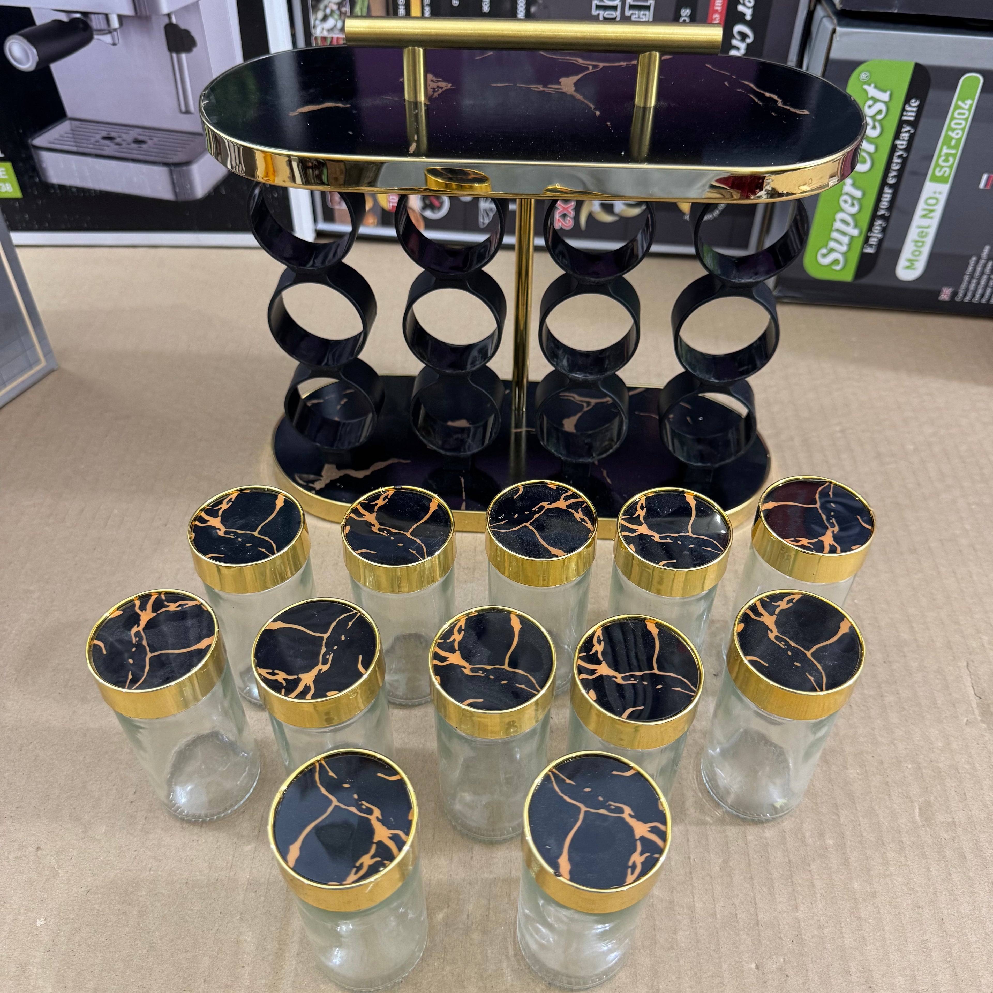 12 Pcs Luxury Marble Gold Rotating Spice Rack Organizer with Handle