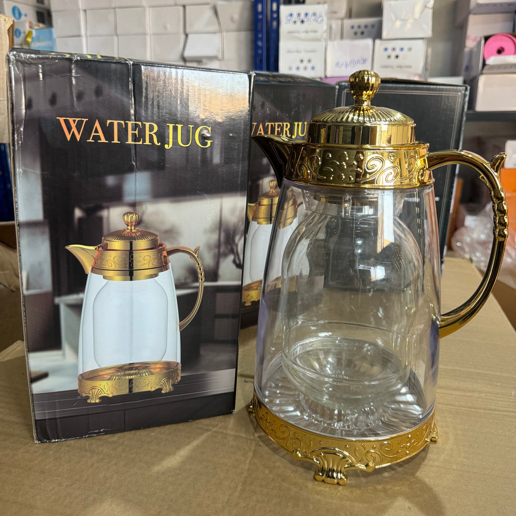 Luxury Gold Glass Water Jug - Elegant Floral Engraved Beverage Carafe & Server