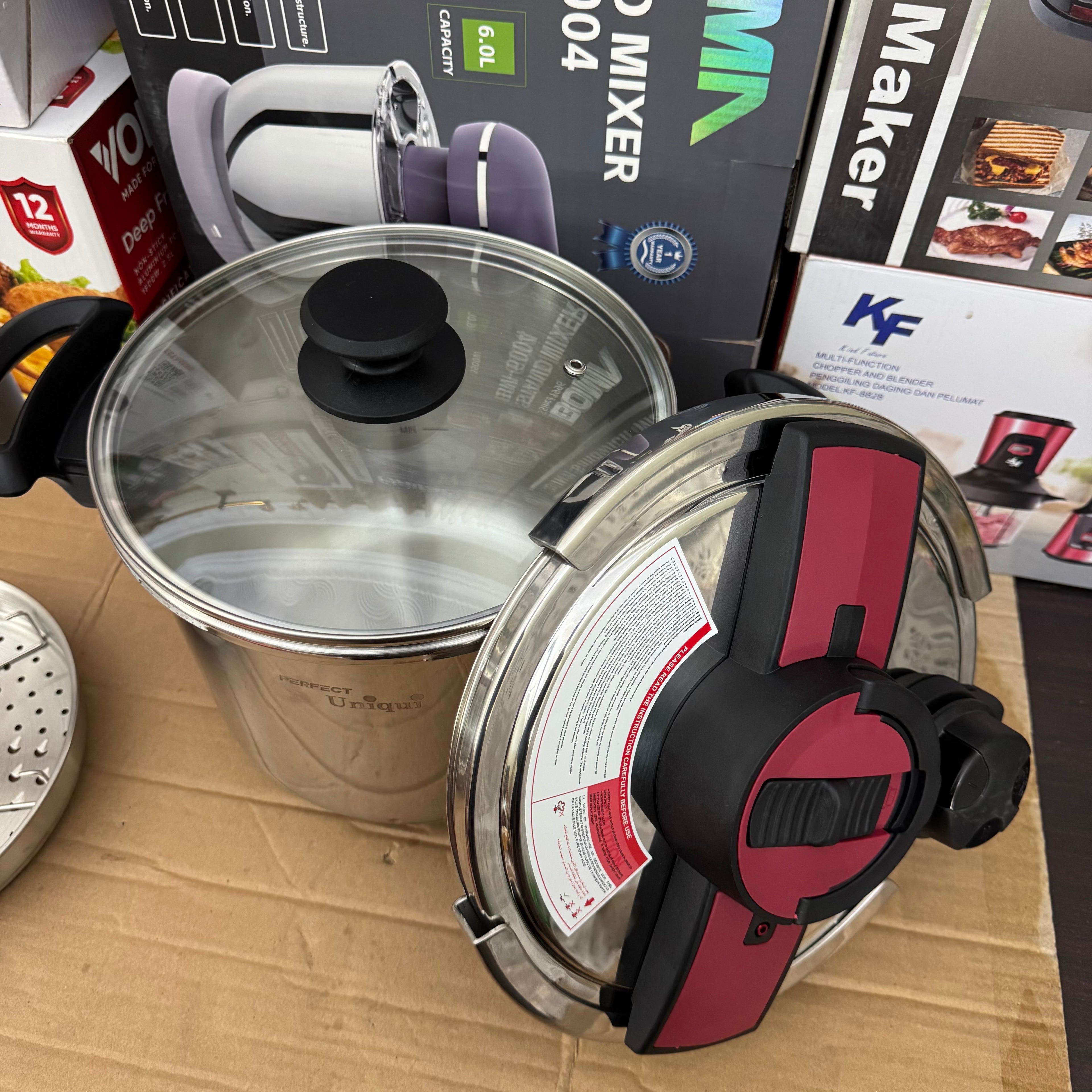 Uniqui 18/10 Stainless Steel Pressure Cooker Set - 8-Piece Multi-Size (5L + 7L) Induction Compatible Cookware with Steamer Basket and Glass Lid