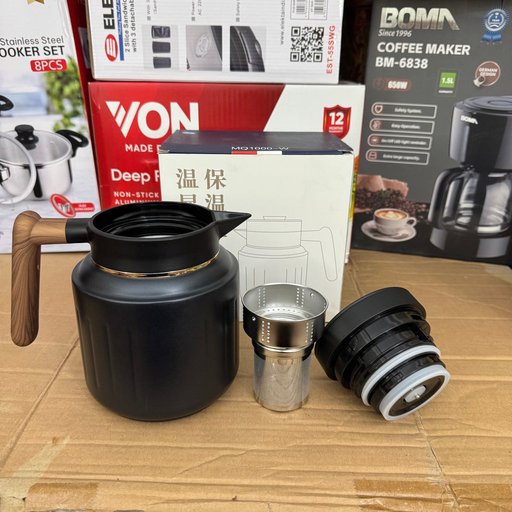 Premium 1.0L Insulated Thermal Tea Pot Black| Smart Temperature Display & Wood Handle