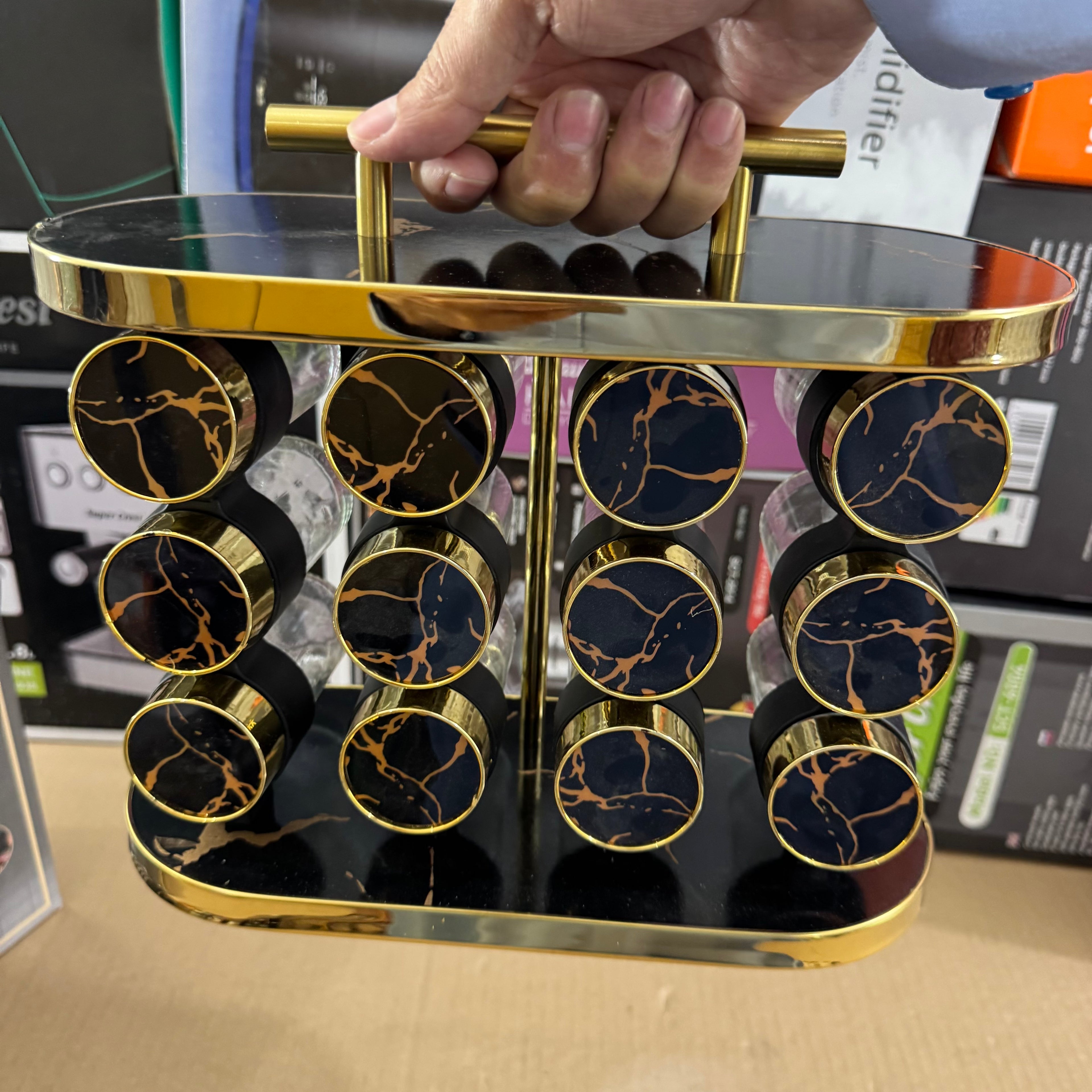 12 Pcs Luxury Marble Gold Rotating Spice Rack Organizer with Handle