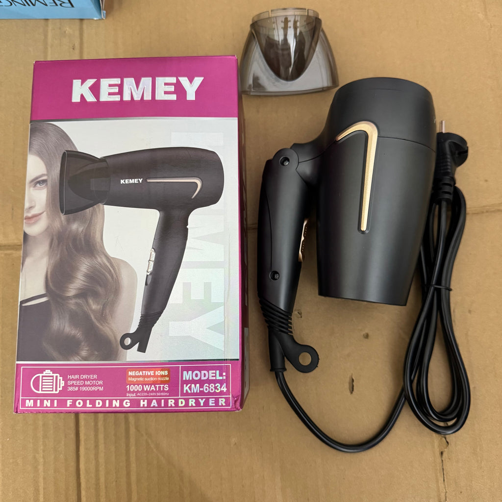 KEMEY KM-6834 Mini Folding Hair Dryer – 1000W High-Speed Negative Ion Blow Dryer with Concentrator