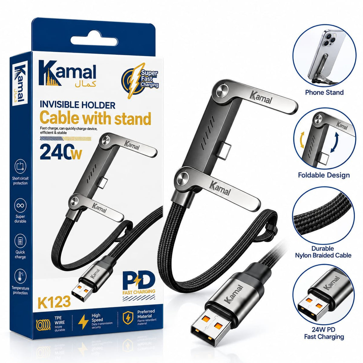 Kamal K123 24W Fast Charging Cable with Phone Stand – Durable USB Cable