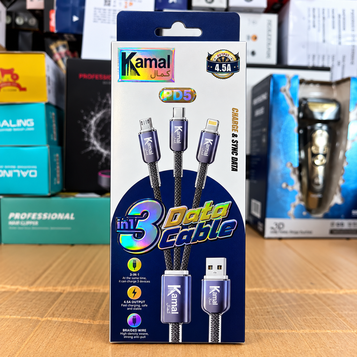 Kamal 3-in-1 Data Cable PD5 – 4.5A Fast Charging Braided USB Cable