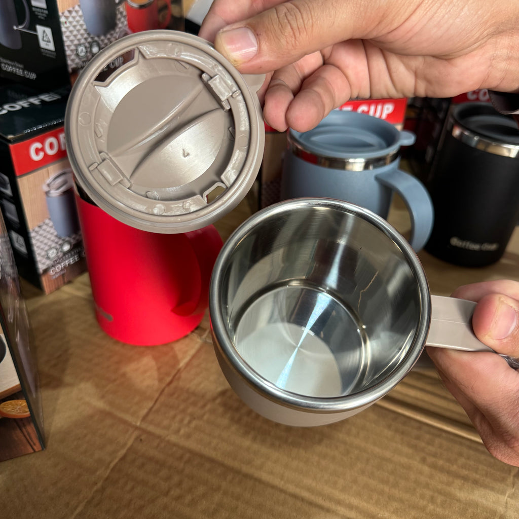 Insulated Stainless Steel Coffee Mug with Spill-Proof Lid – 14oz Double-Wall Matte Thermal Office Cup in Onyx, Crimson, Slate & Sand