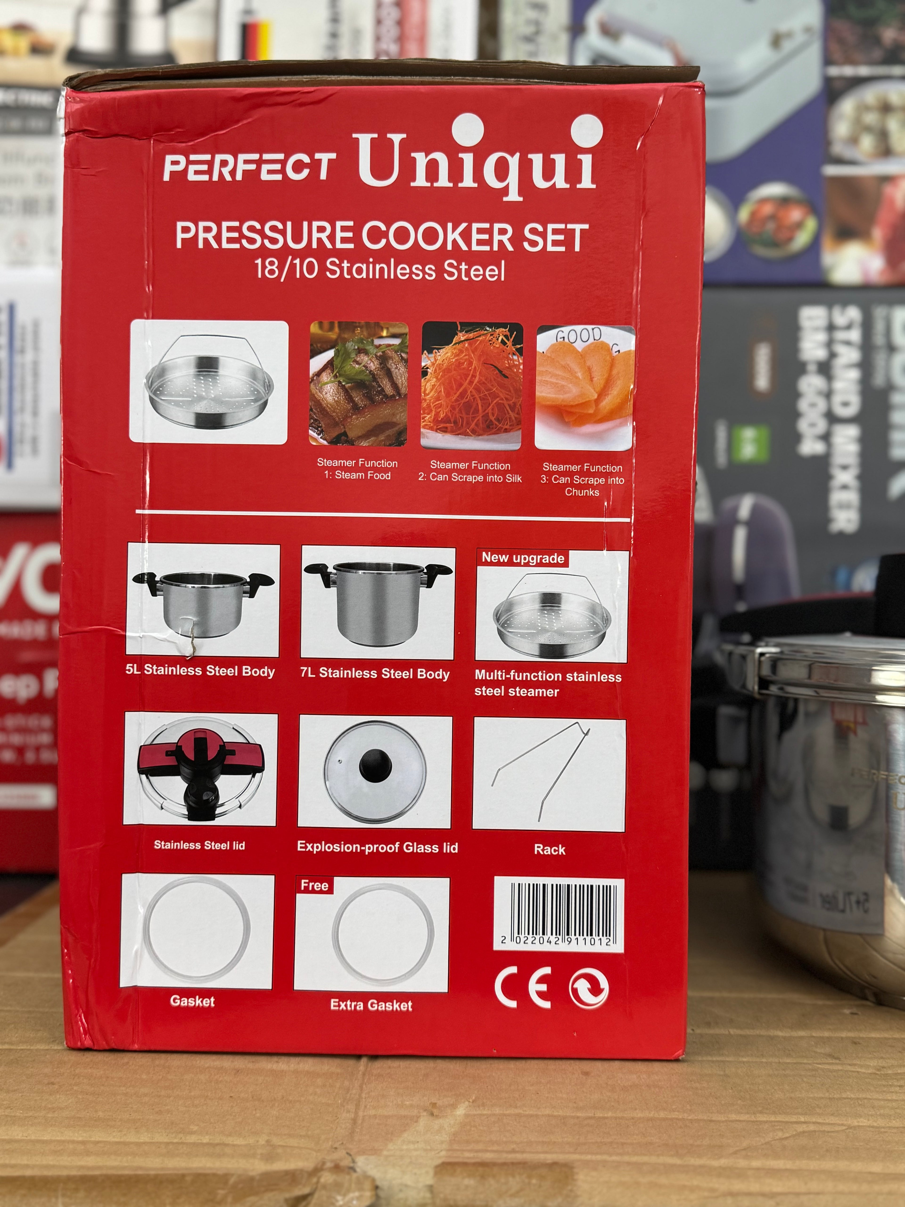 Uniqui 18/10 Stainless Steel Pressure Cooker Set - 8-Piece Multi-Size (5L + 7L) Induction Compatible Cookware with Steamer Basket and Glass Lid