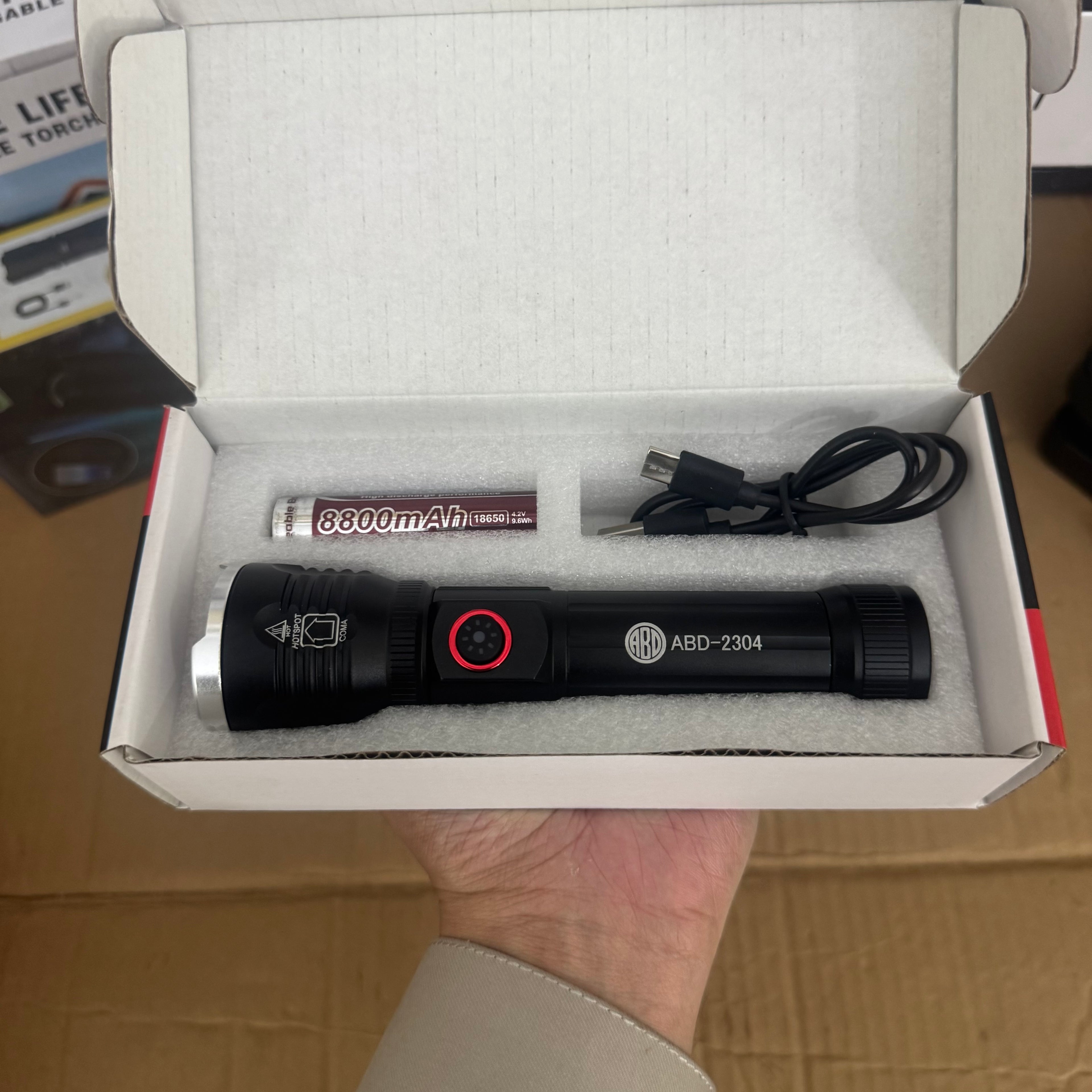 ABD-2304 Multifunctional Emergency Flashlight – USB Rechargeable LED Torch with Side Light & Power Bank LOT IMPORTE