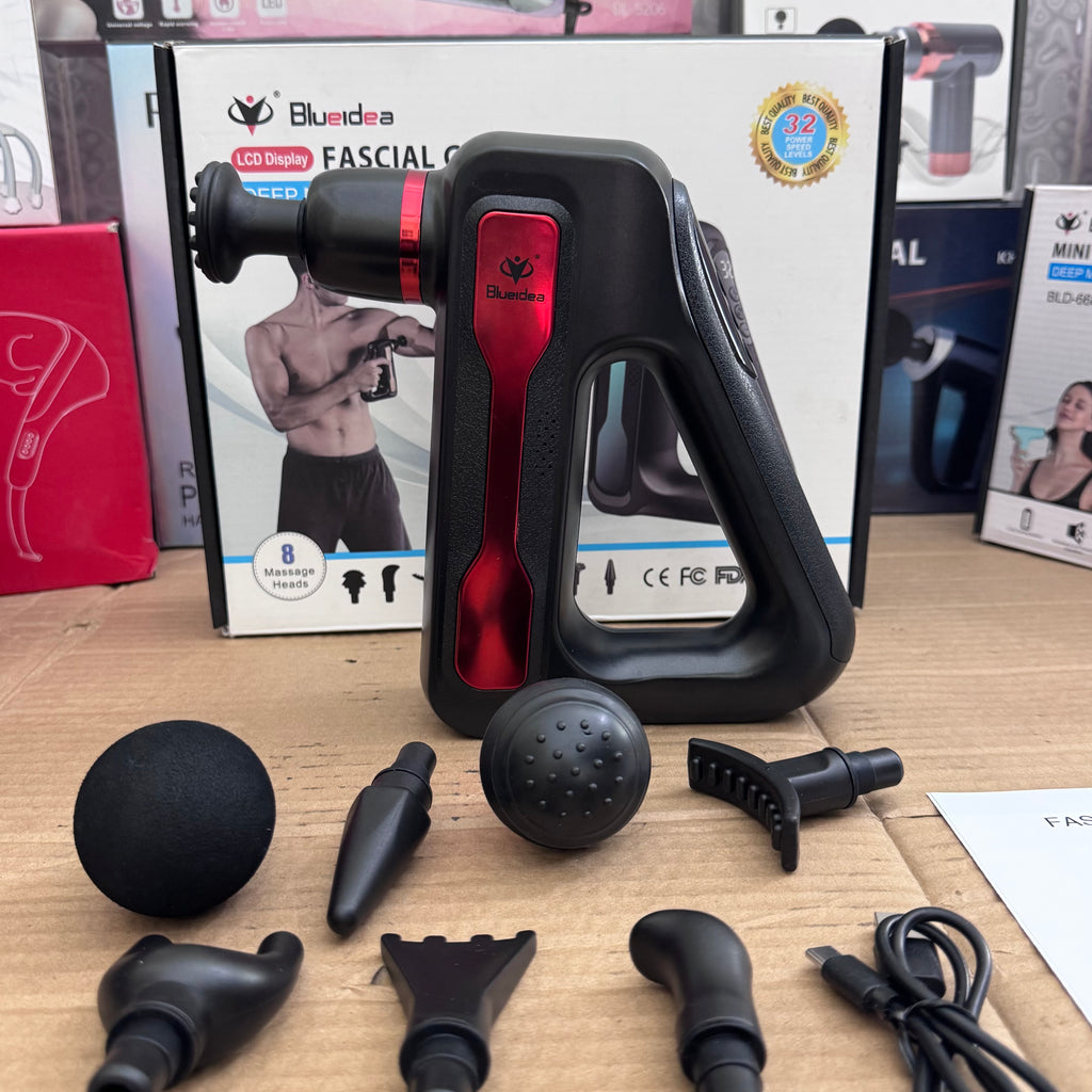 Lot Imported Blueidea LCD Display Fascial Gun – Deep Muscle Massage Gun with 8 Heads