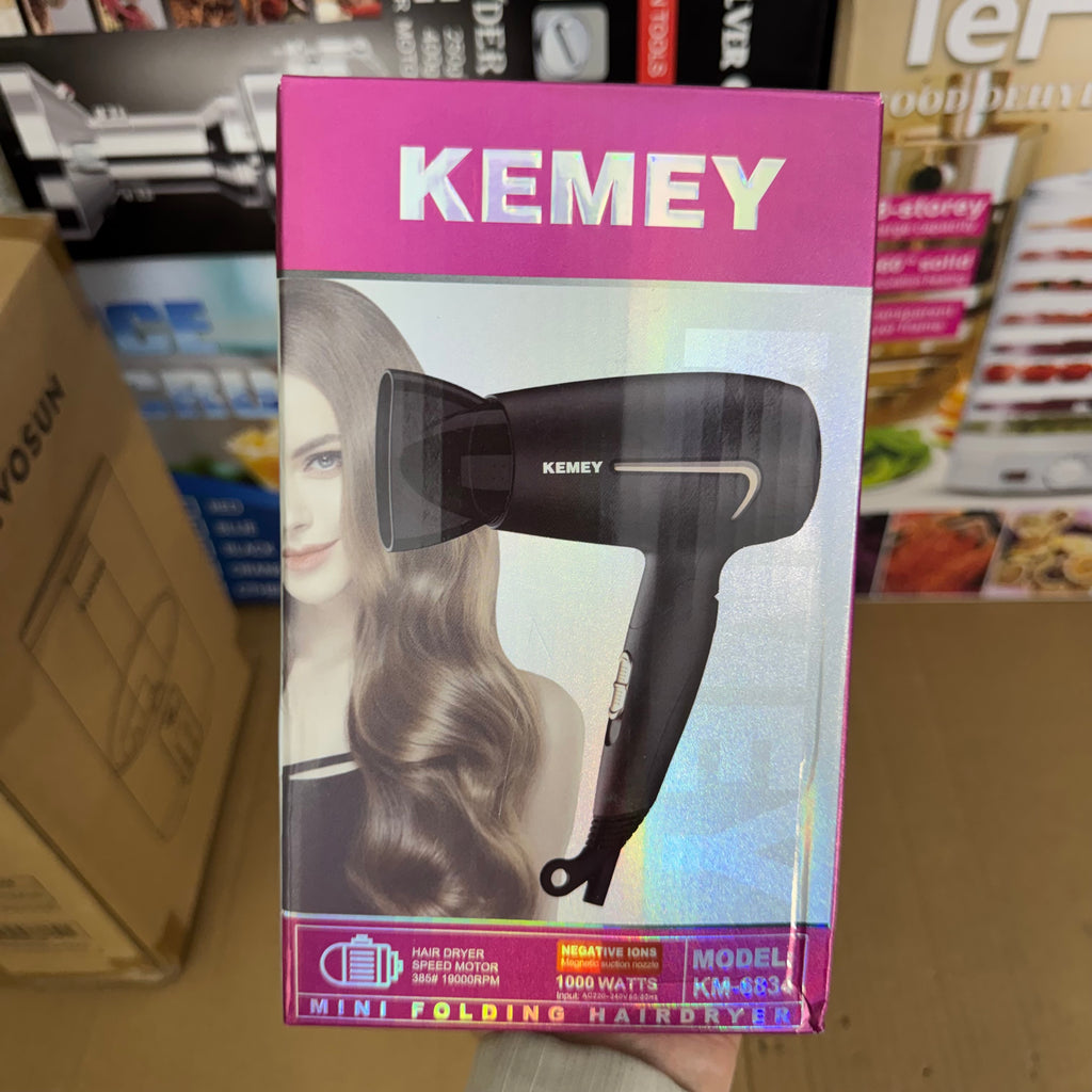 KEMEY KM-6834 Mini Folding Hair Dryer – 1000W High-Speed Negative Ion Blow Dryer with Concentrator