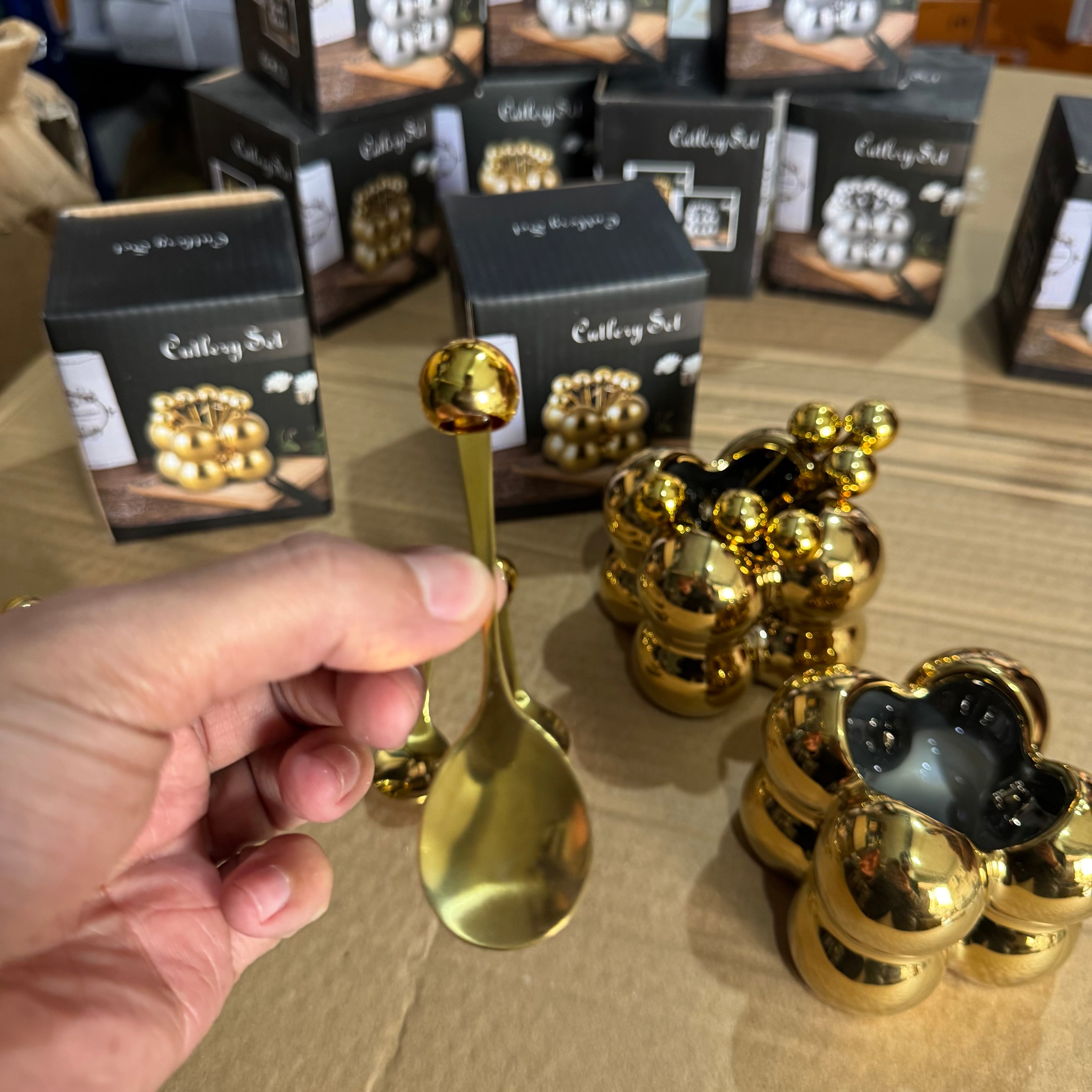 Luxury Gold Ball Cutlery Set - 7-Piece Dessert Fork & Spoon Kit