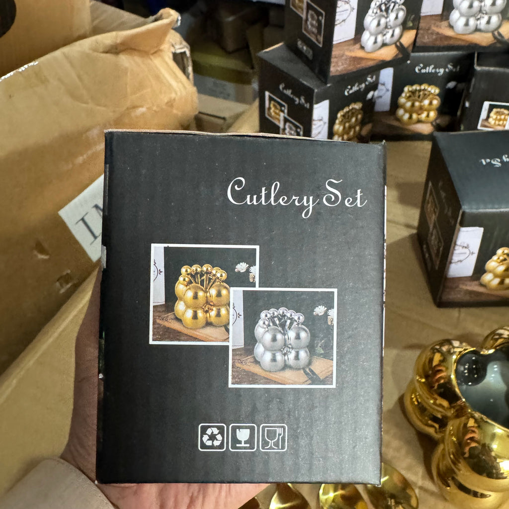 Luxury Gold Ball Cutlery Set - 7-Piece Dessert Fork & Spoon Kit