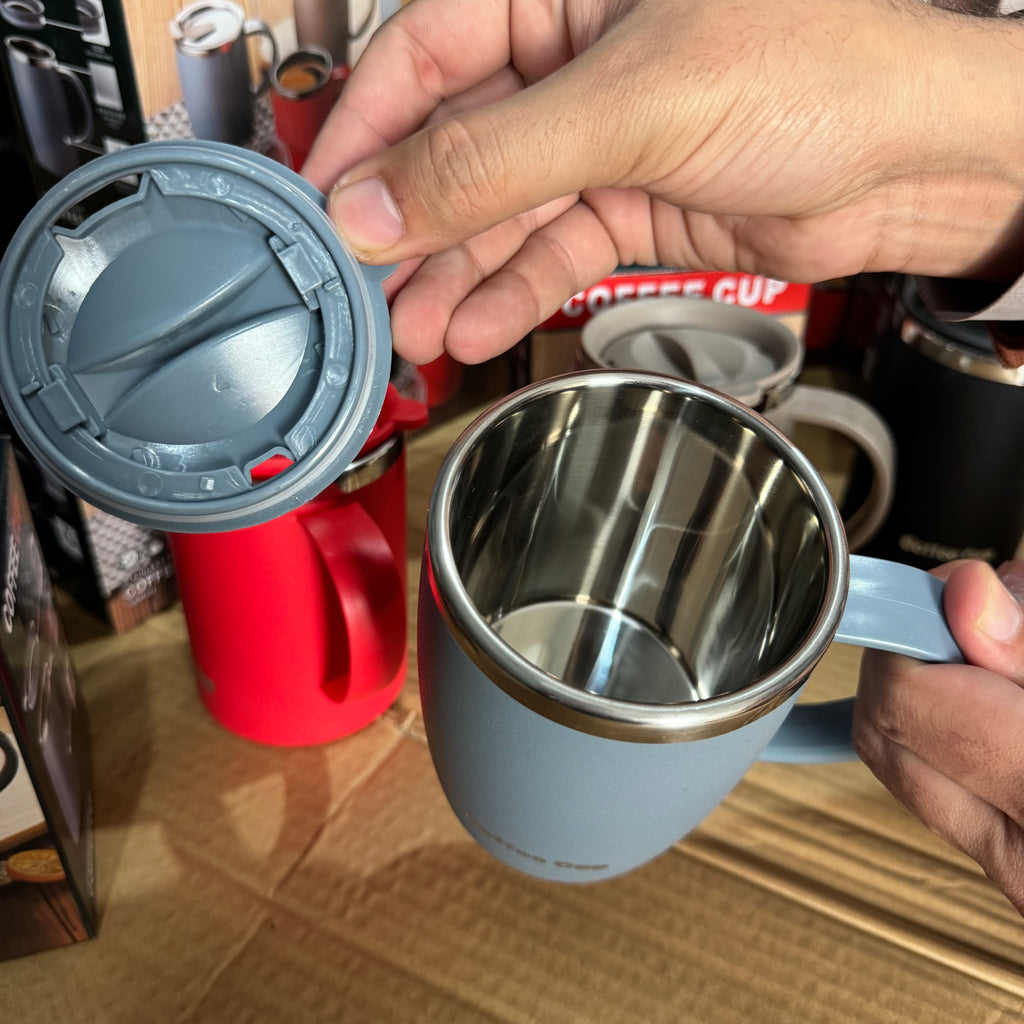 Slate Blue Insulated Stainless Steel Coffee Mug with Lid – 14oz Matte Thermal Cup in Crimson, Onyx, Slate, & Taupe