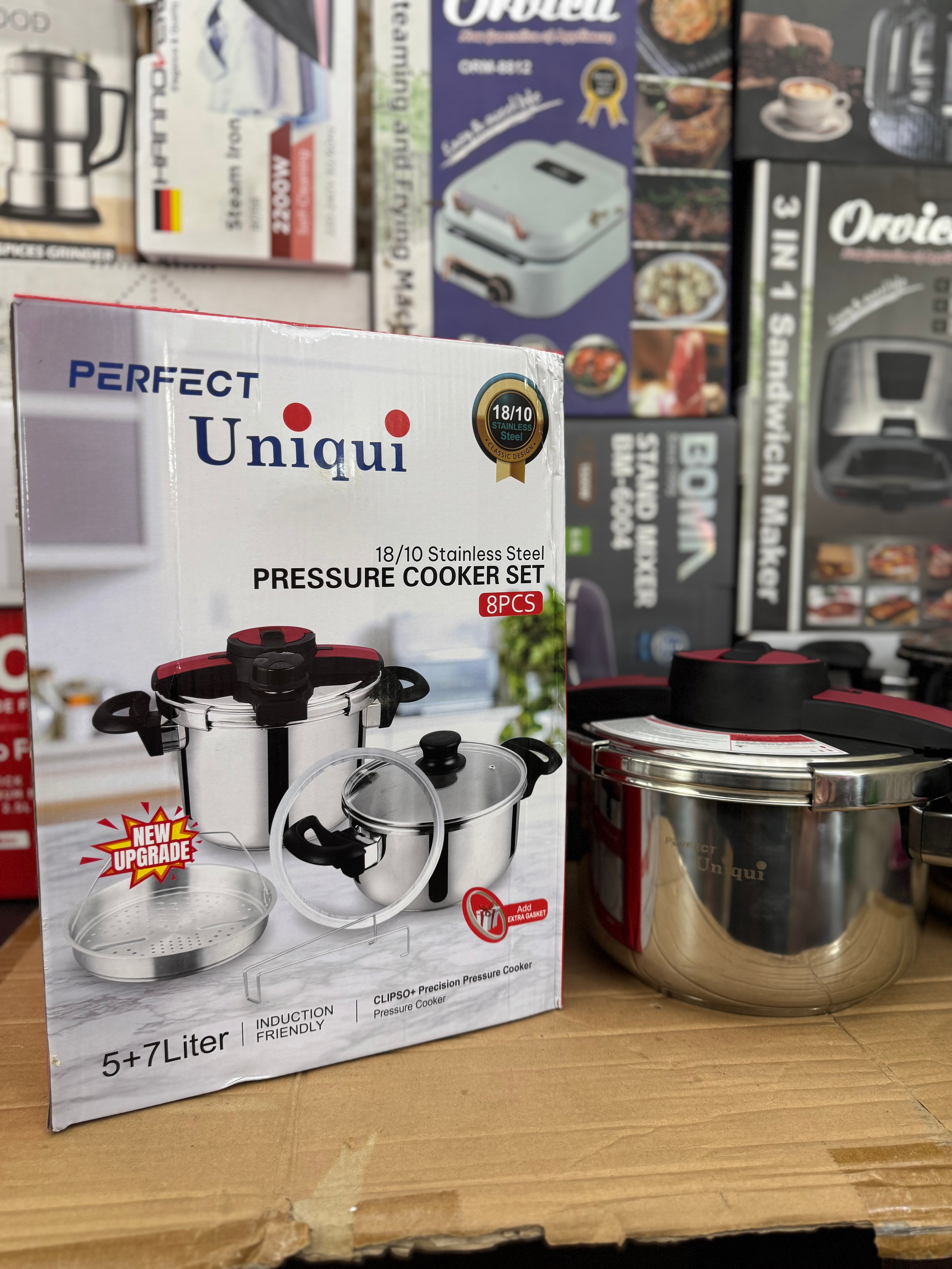 Uniqui 18/10 Stainless Steel Pressure Cooker Set - 8-Piece Multi-Size (5L + 7L) Induction Compatible Cookware with Steamer Basket and Glass Lid