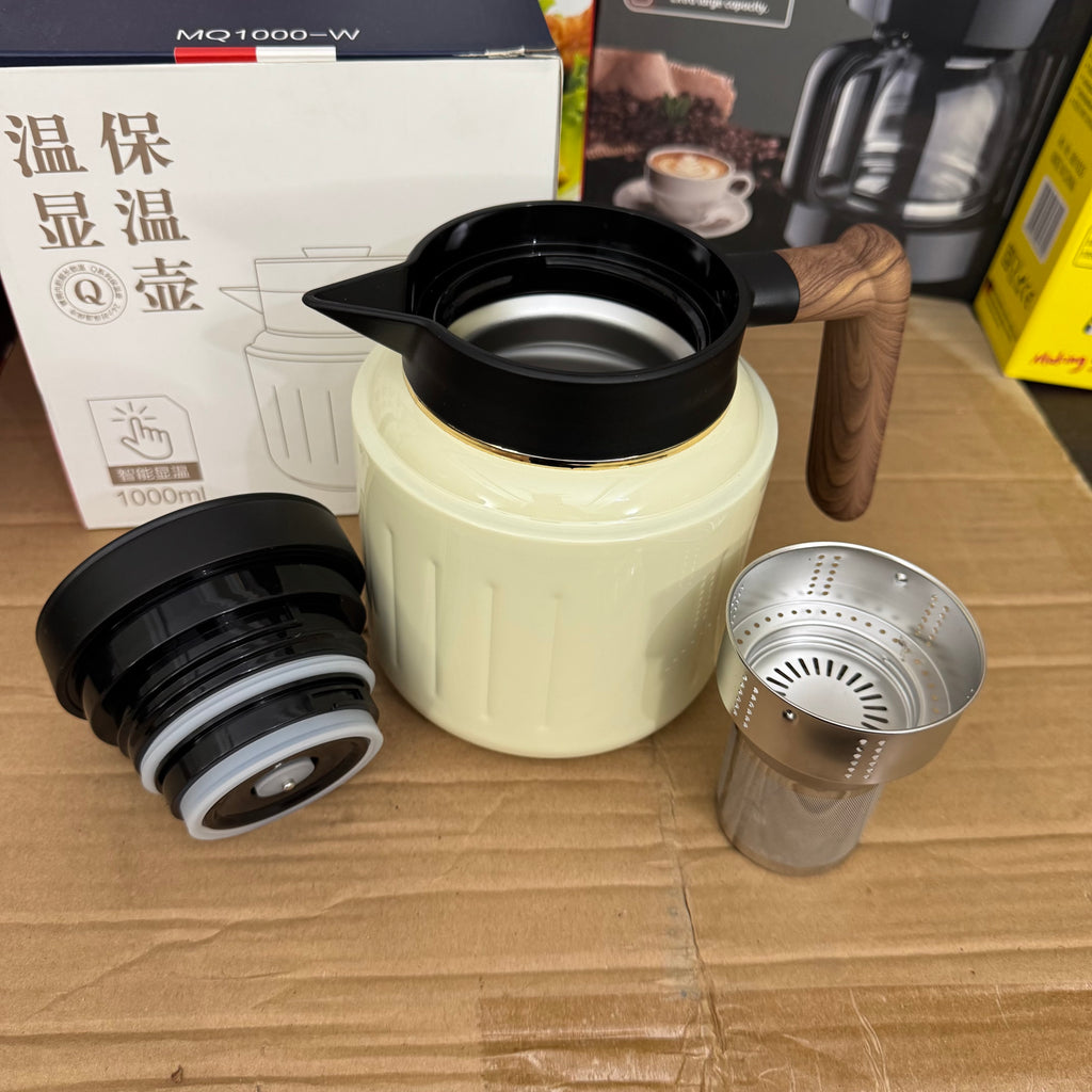 Premium 1.0L Insulated Thermal Tea Pot | Smart Temperature Display & Wood Handle