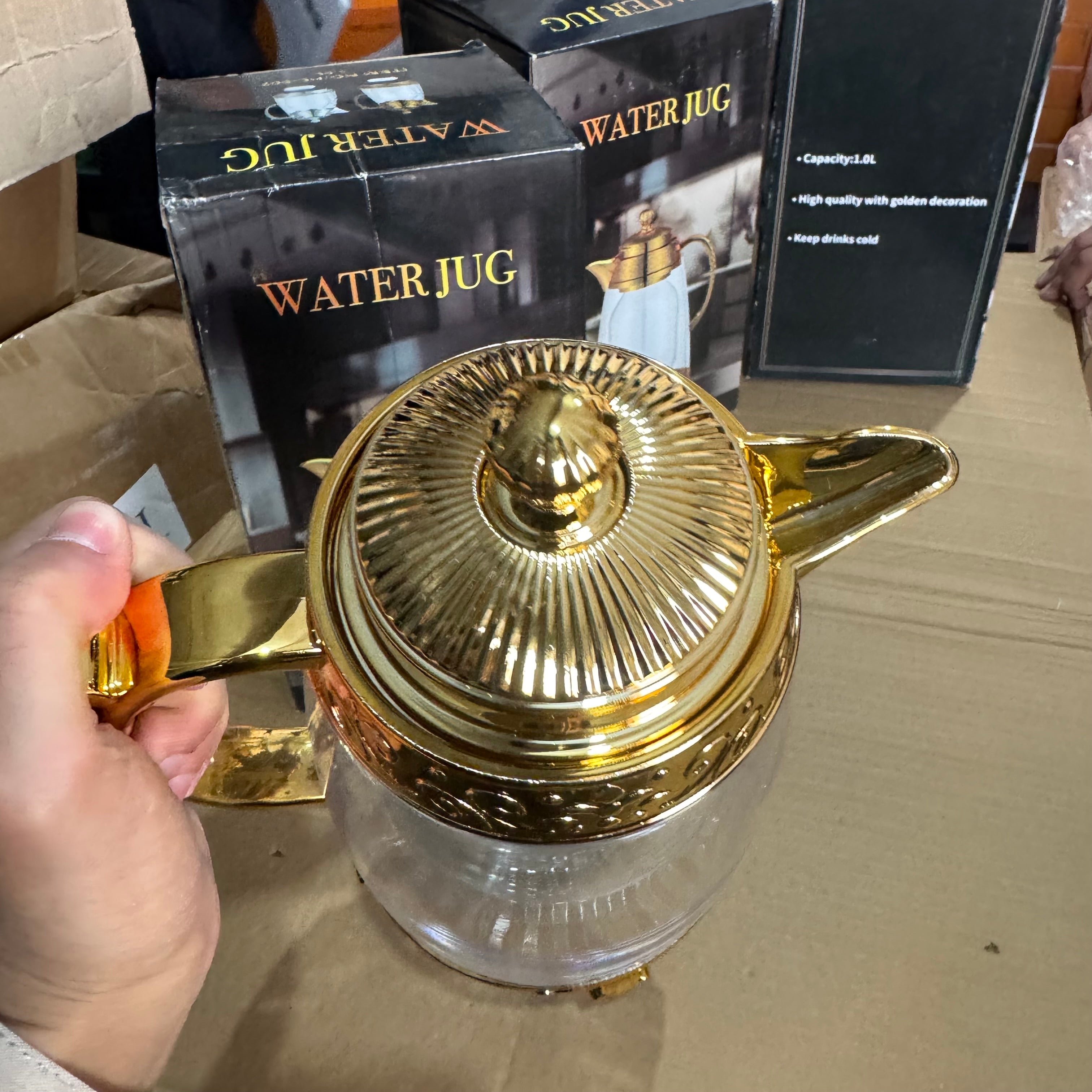 Luxury Gold Glass Water Jug - Elegant Floral Engraved Beverage Carafe & Server