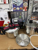 Uniqui 18/10 Stainless Steel Pressure Cooker Set - 8-Piece Multi-Size (5L + 7L) Induction Compatible Cookware with Steamer Basket and Glass Lid