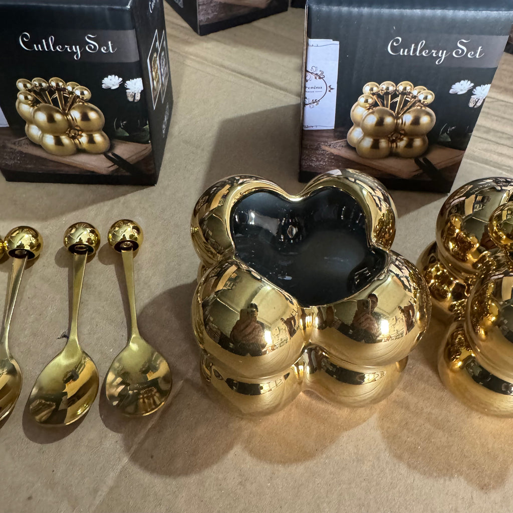 Luxury Gold Ball Cutlery Set - 7-Piece Dessert Fork & Spoon Kit