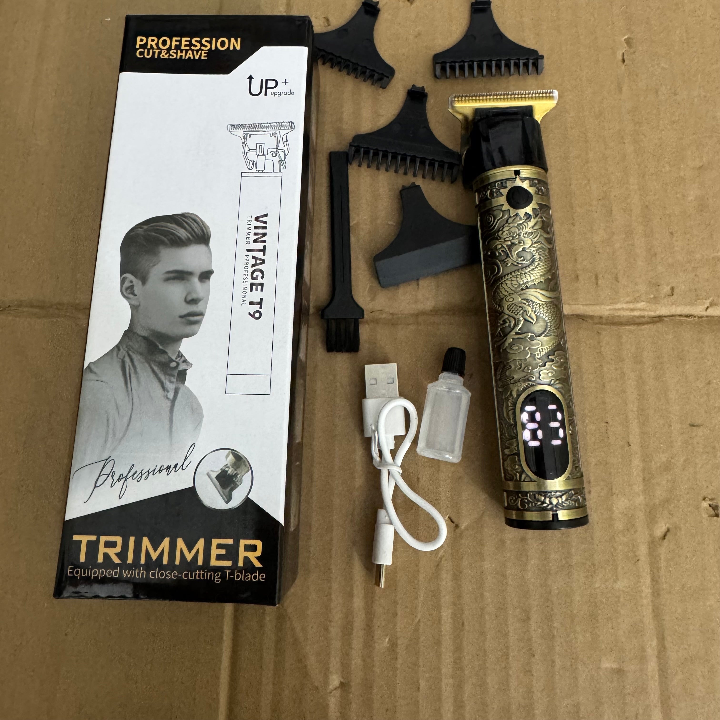 Vintage T9 Professional Hair Trimmer - Cordless Electric T-Blade Outliner for Men - USB Rechargeable Barber Grooming Kit