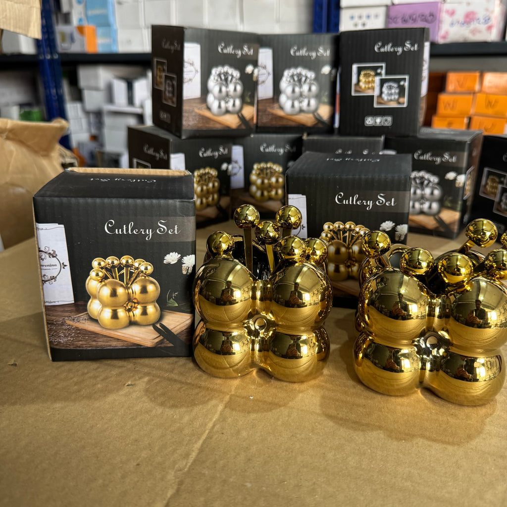 Luxury Gold Ball Cutlery Set - 7-Piece Dessert Fork & Spoon Kit