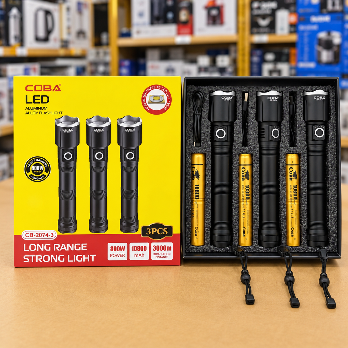 COBA CB-2074-3 LED Rechargeable Flashlight Set – 3 Pieces, Type-C Charging & Zoom