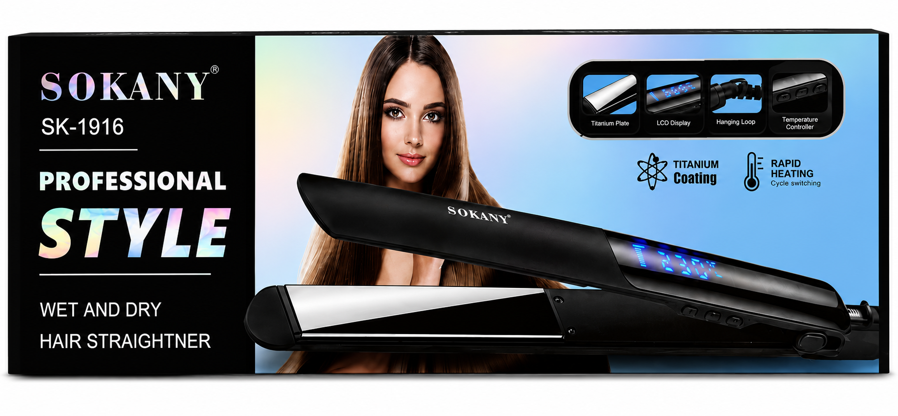 SOKANY SK-1916 Professional Hair Straightener – Wet & Dry, Titanium Plates, LCD Display & Fast Heating