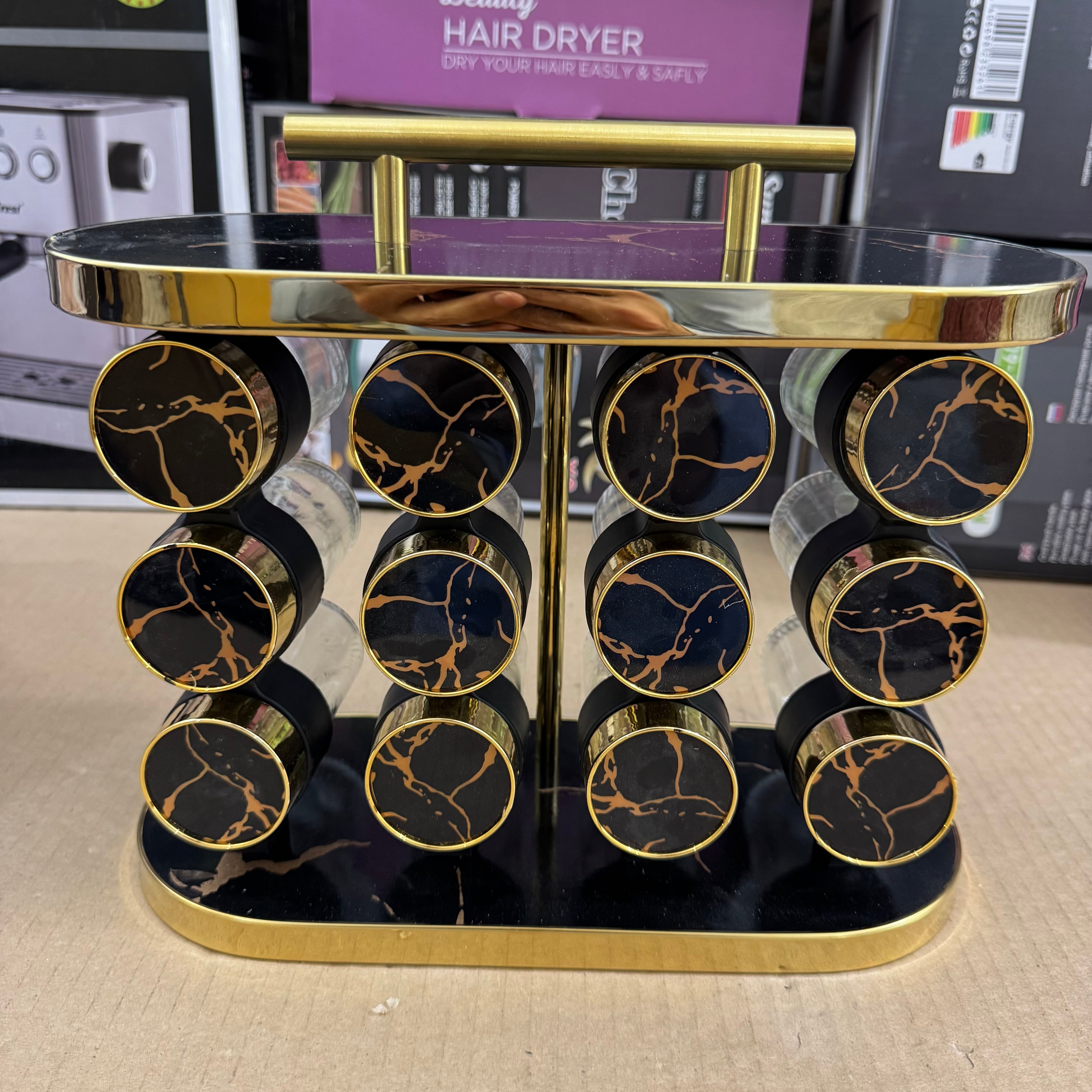 12 Pcs Luxury Marble Gold Rotating Spice Rack Organizer with Handle