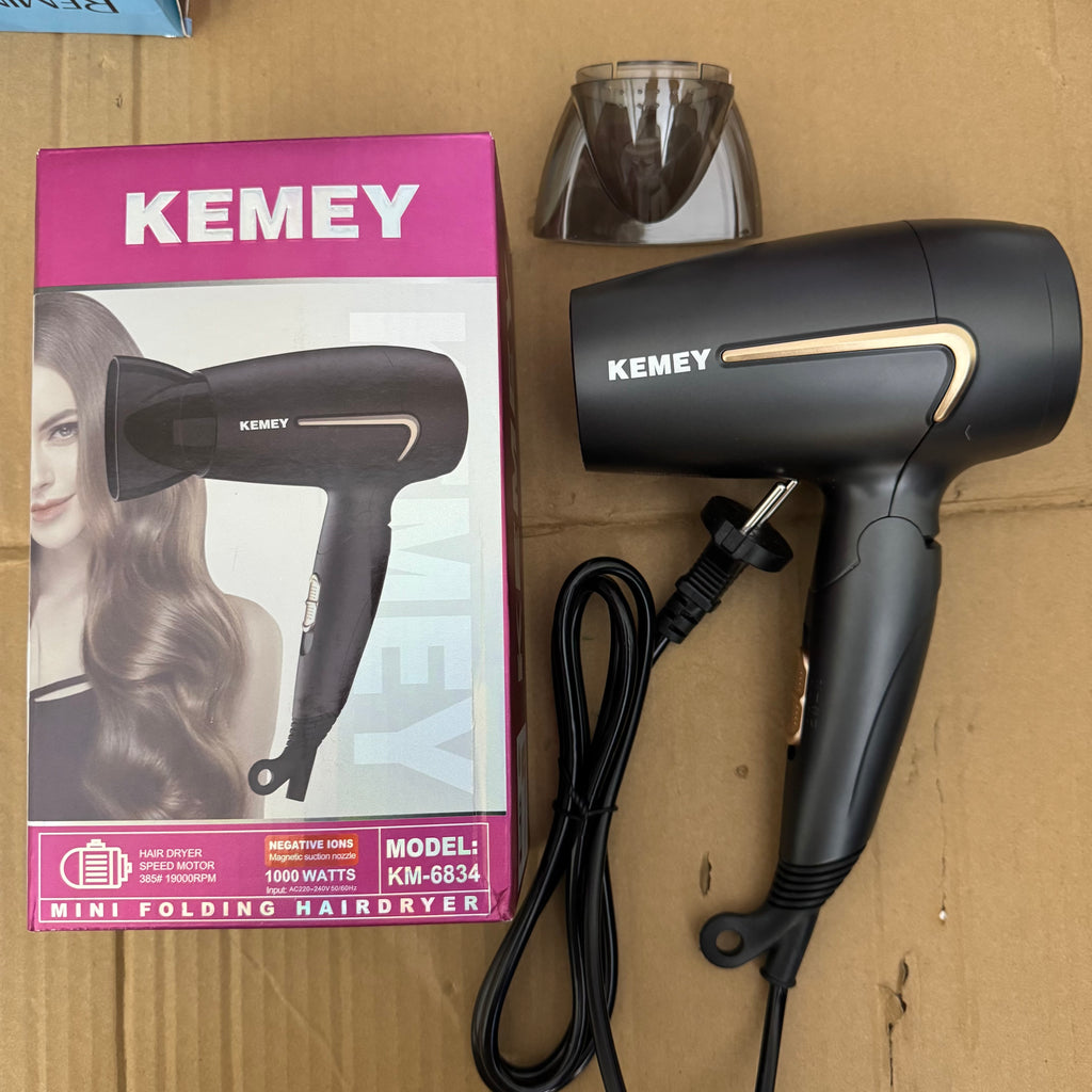 KEMEY KM-6834 Mini Folding Hair Dryer – 1000W High-Speed Negative Ion Blow Dryer with Concentrator
