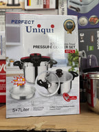 Uniqui 18/10 Stainless Steel Pressure Cooker Set - 8-Piece Multi-Size (5L + 7L) Induction Compatible Cookware with Steamer Basket and Glass Lid