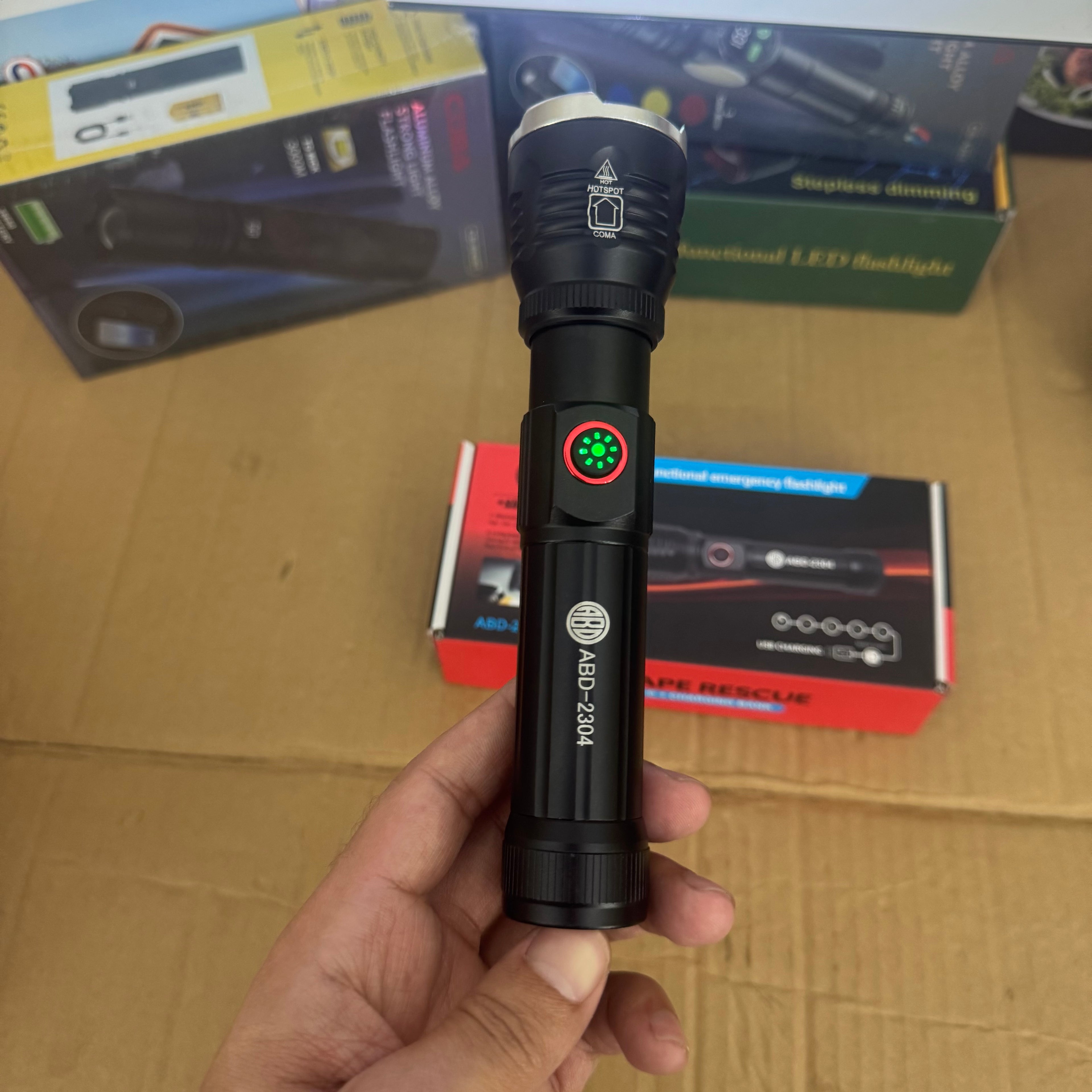 ABD-2304 Multifunctional Emergency Flashlight – USB Rechargeable LED Torch with Side Light & Power Bank LOT IMPORTE