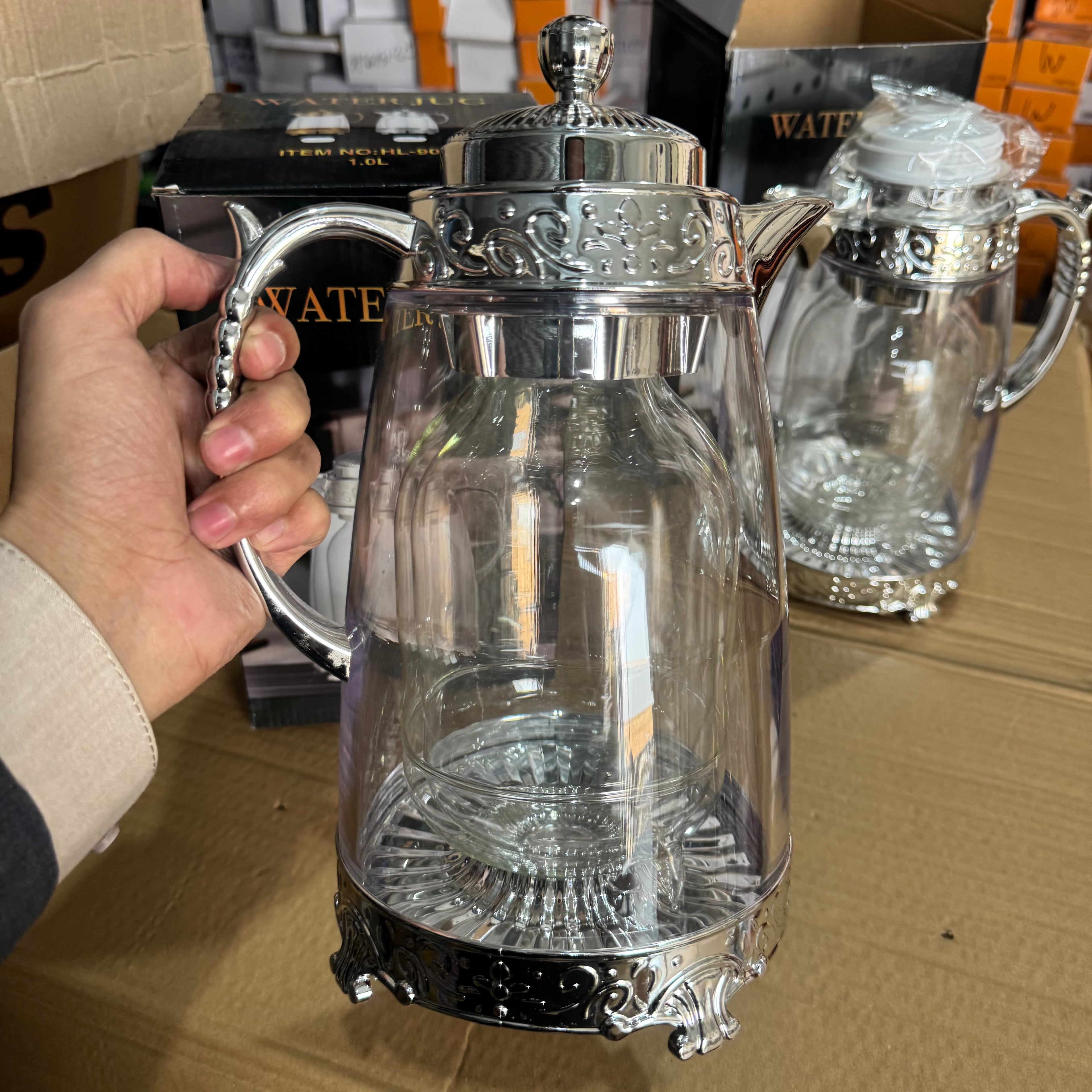 Luxury Gold Glass Water Jug - Elegant Floral Engraved Beverage Carafe & Server