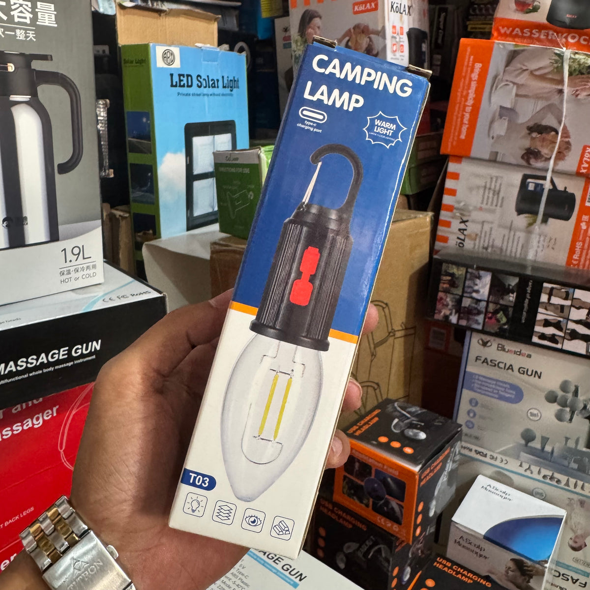 Portable LED Camping Lamp T03 – USB Type-C Rechargeable Warm Light with Hanging Hook