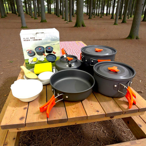 12-Piece Aluminum Camping Cookware Mess Kit with Kettle – Lightweight Outdoor Cooking Set for Hiking, Camping & Backpacking