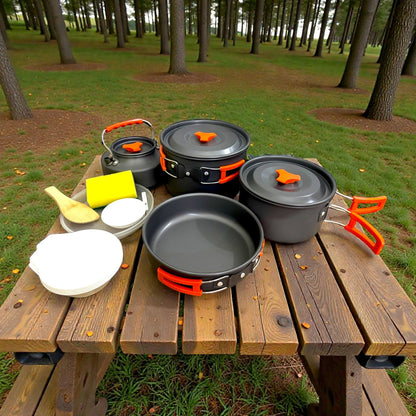 12-Piece Aluminum Camping Cookware Mess Kit with Kettle – Lightweight Outdoor Cooking Set for Hiking, Camping & Backpacking