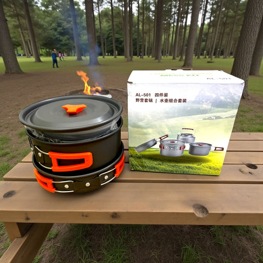 12-Piece Aluminum Camping Cookware Mess Kit with Kettle – Lightweight Outdoor Cooking Set for Hiking, Camping & Backpacking