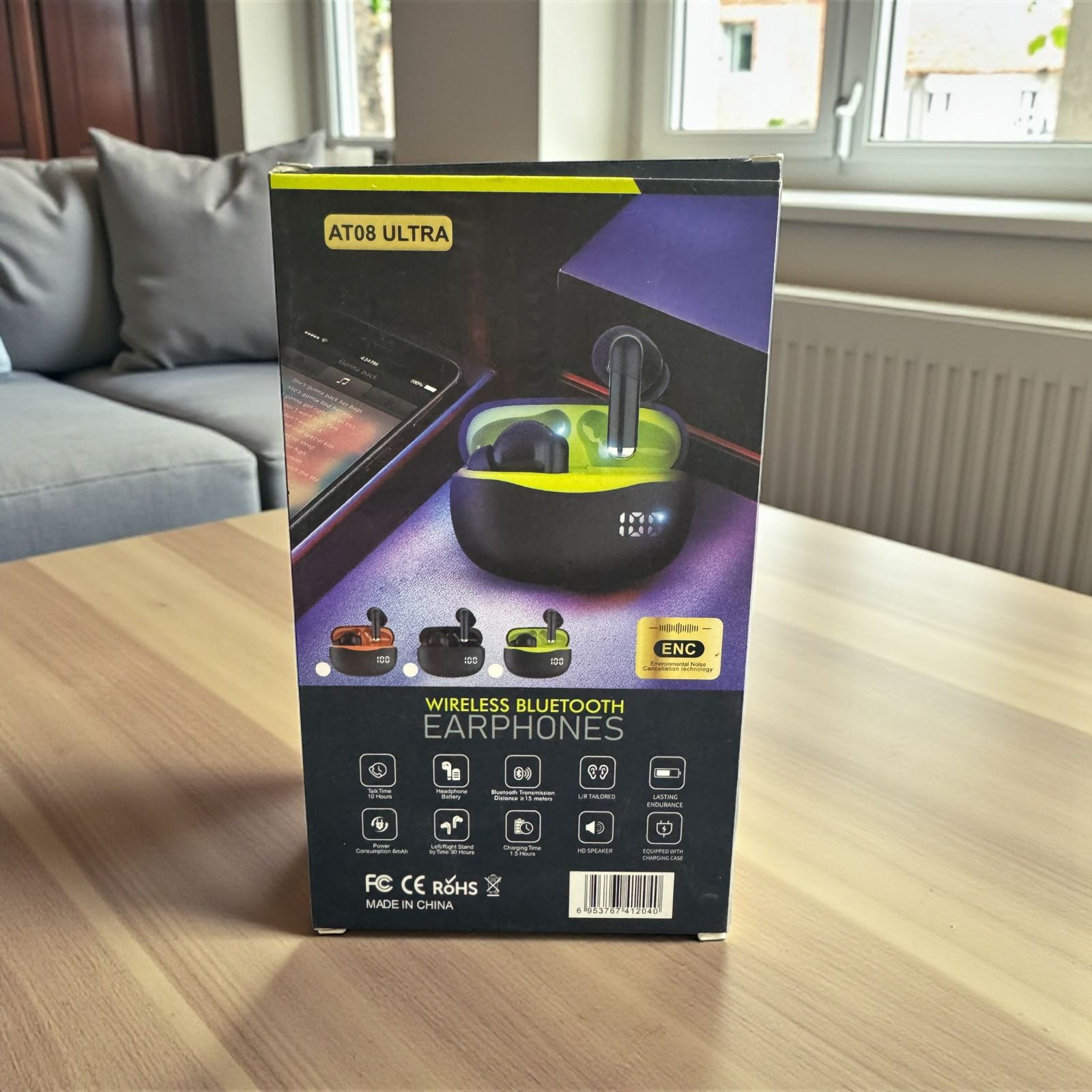 AT08 Ultra Wireless Bluetooth Earphones with ENC & LED Display