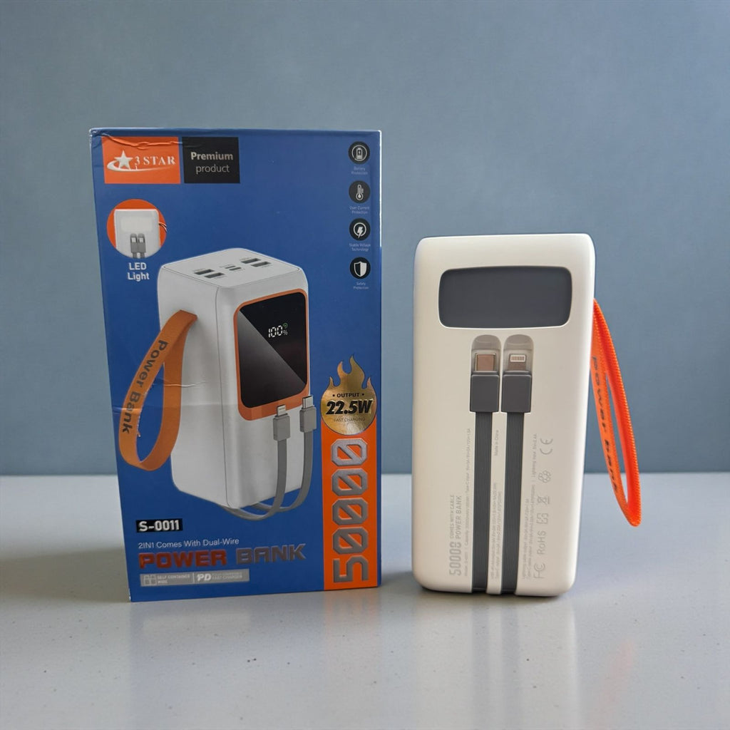 50000mAh Fast Charging Power Bank 22.5W with Dual Built-in Cables & LED Display