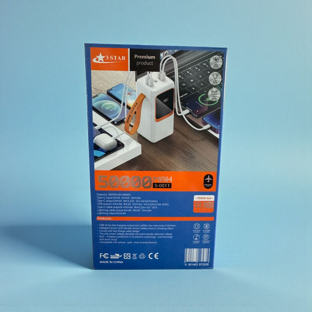 50000mAh Fast Charging Power Bank 22.5W with Dual Built-in Cables & LED Display