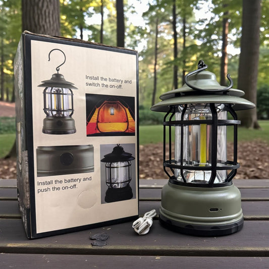 Rechargeable LED Camping Lantern – Vintage Outdoor Tent Light with Hanging Hook