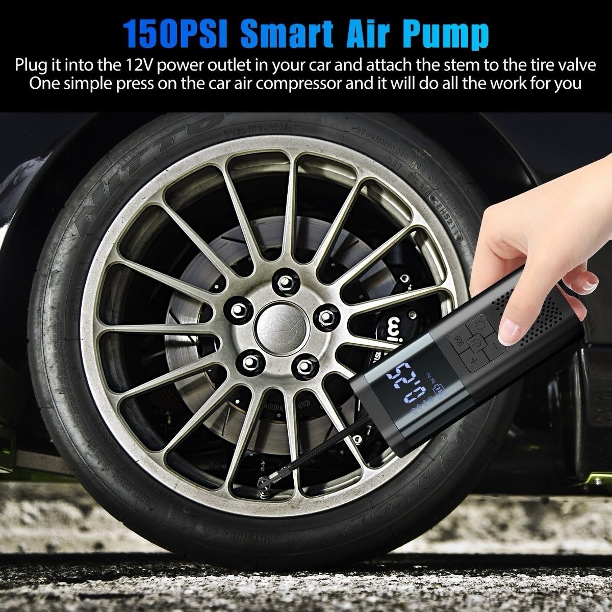 150 PSI Smart Wireless Air Pump – Portable Digital Tire Inflator with LED Light