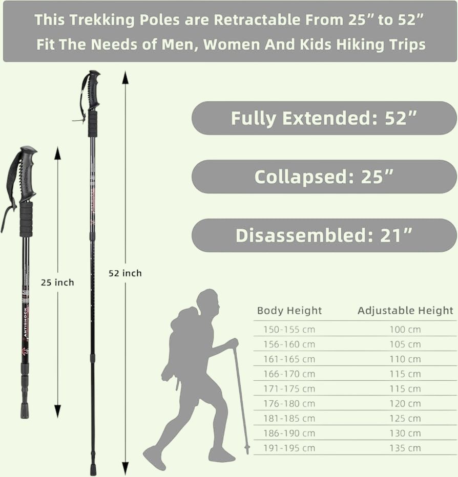 Adjustable Anti-Shock Trekking Poles (25”–52”) – Lightweight Hiking & Walking Sticks with Accessories